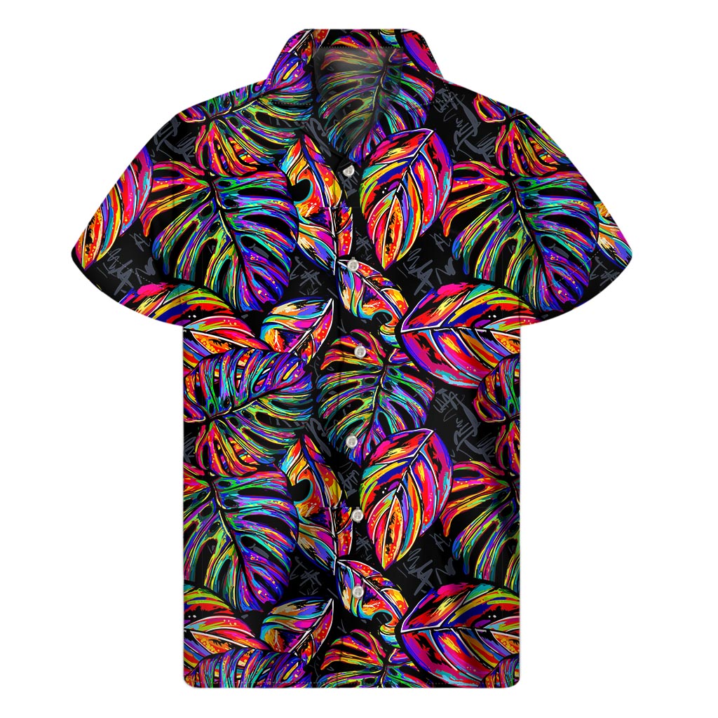 Colorful Leaf Tropical Pattern Print Men's Short Sleeve Shirt