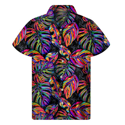 Colorful Leaf Tropical Pattern Print Men's Short Sleeve Shirt