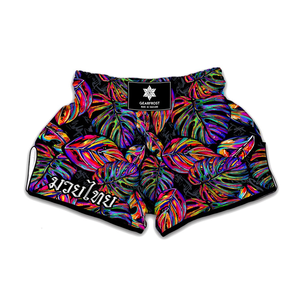 Colorful Leaf Tropical Pattern Print Muay Thai Boxing Shorts