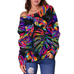 Colorful Leaf Tropical Pattern Print Off Shoulder Sweatshirt GearFrost