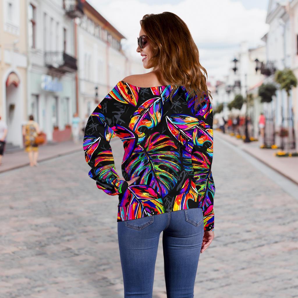 Colorful Leaf Tropical Pattern Print Off Shoulder Sweatshirt GearFrost