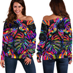 Colorful Leaf Tropical Pattern Print Off Shoulder Sweatshirt GearFrost