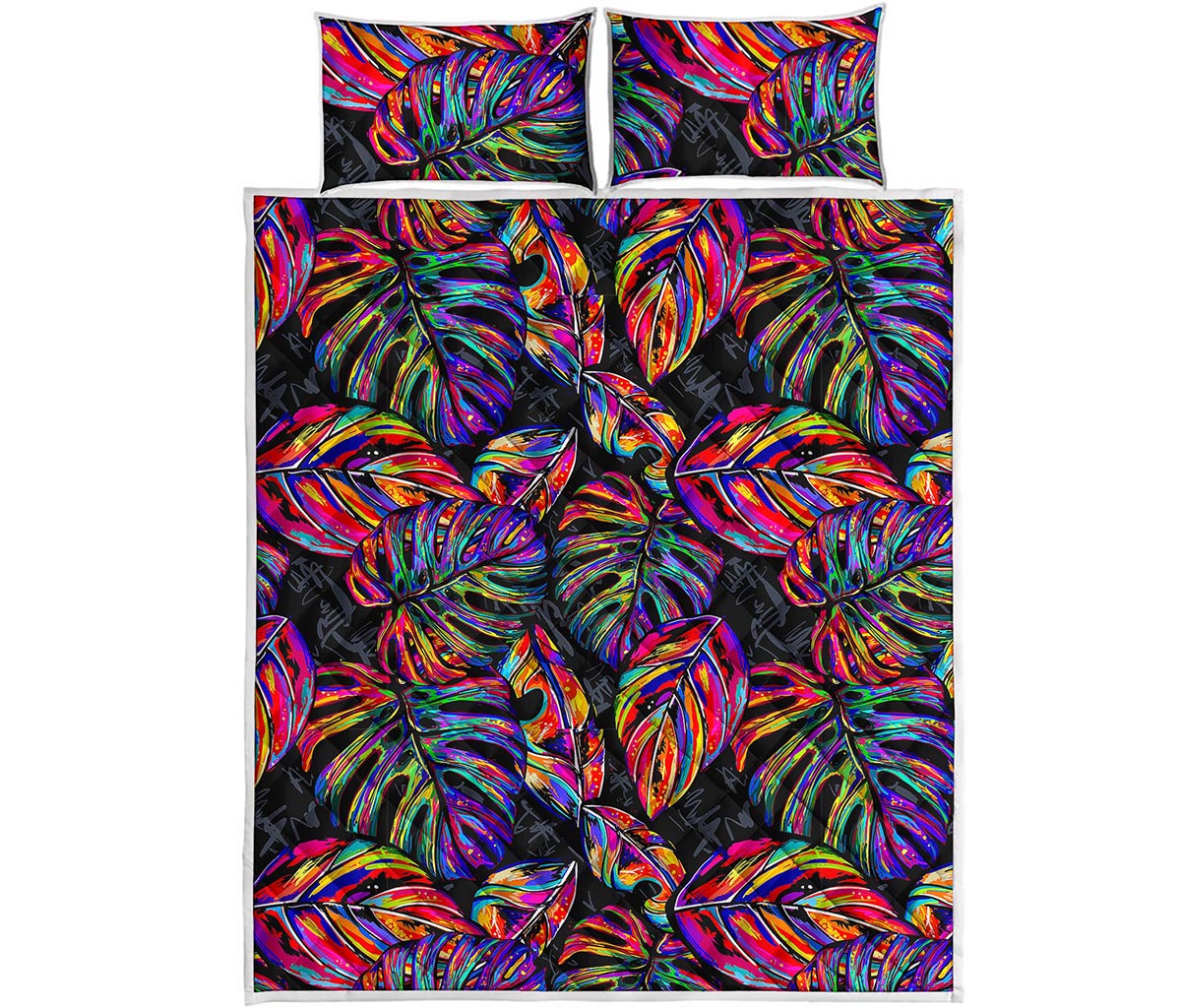 Colorful Leaf Tropical Pattern Print Quilt Bed Set
