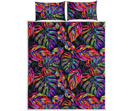 Colorful Leaf Tropical Pattern Print Quilt Bed Set