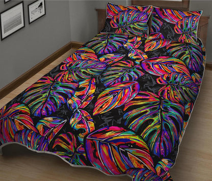 Colorful Leaf Tropical Pattern Print Quilt Bed Set