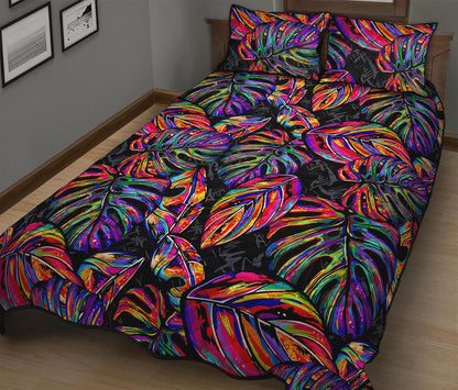 Colorful Leaf Tropical Pattern Print Quilt Bed Set