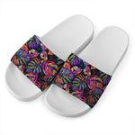 Colorful Leaf Tropical Pattern Print White Slide Sandals
