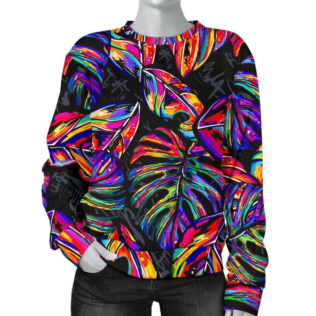 Colorful Leaf Tropical Pattern Print Women's Crewneck Sweatshirt GearFrost