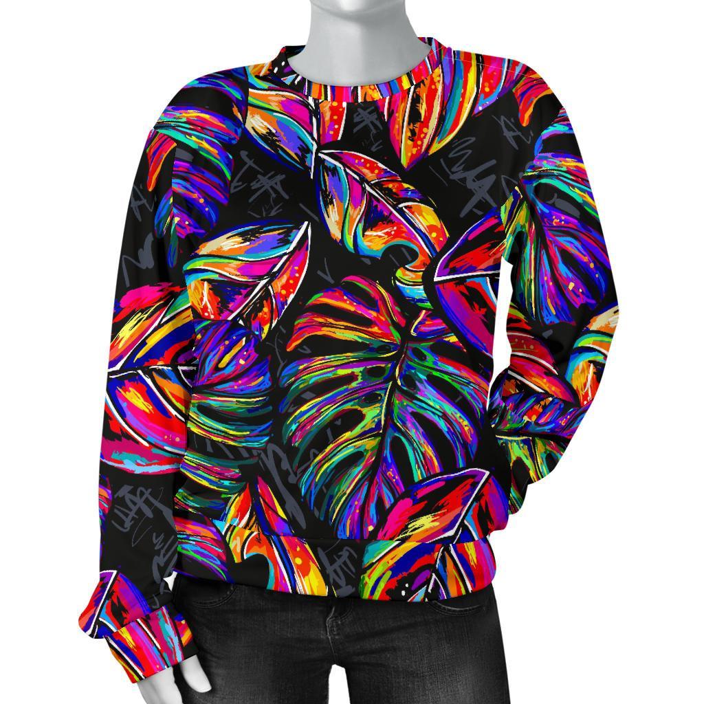 Colorful Leaf Tropical Pattern Print Women's Crewneck Sweatshirt GearFrost