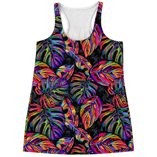 Colorful Leaf Tropical Pattern Print Women's Racerback Tank Top