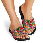 Colorful Leaf Watermelon Pattern Print Black Slide Sandals