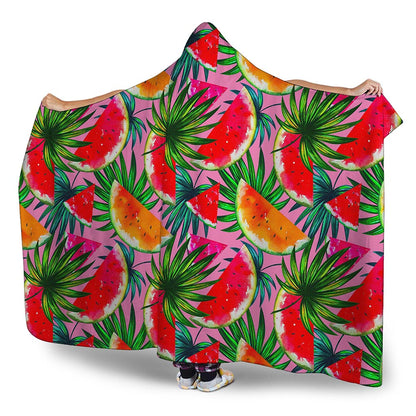 Colorful Leaf Watermelon Pattern Print Hooded Blanket