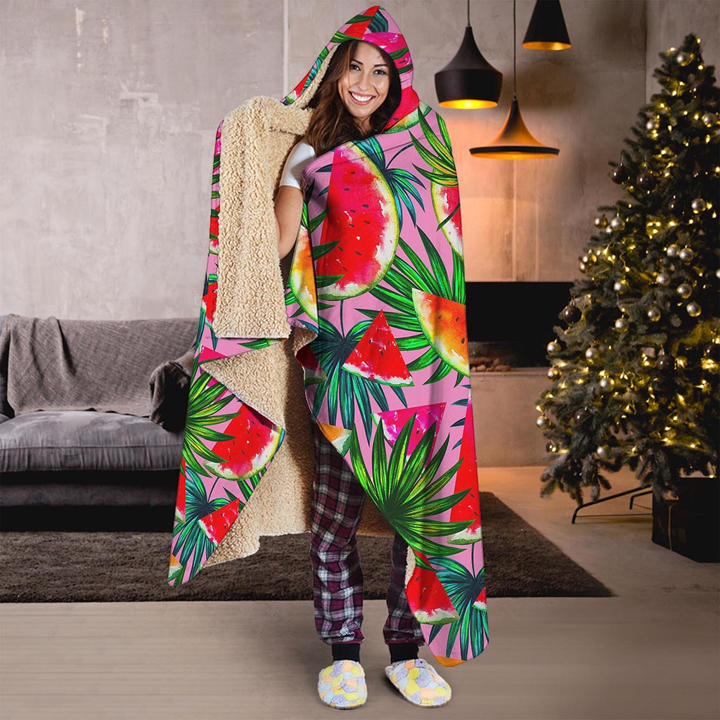 Colorful Leaf Watermelon Pattern Print Hooded Blanket