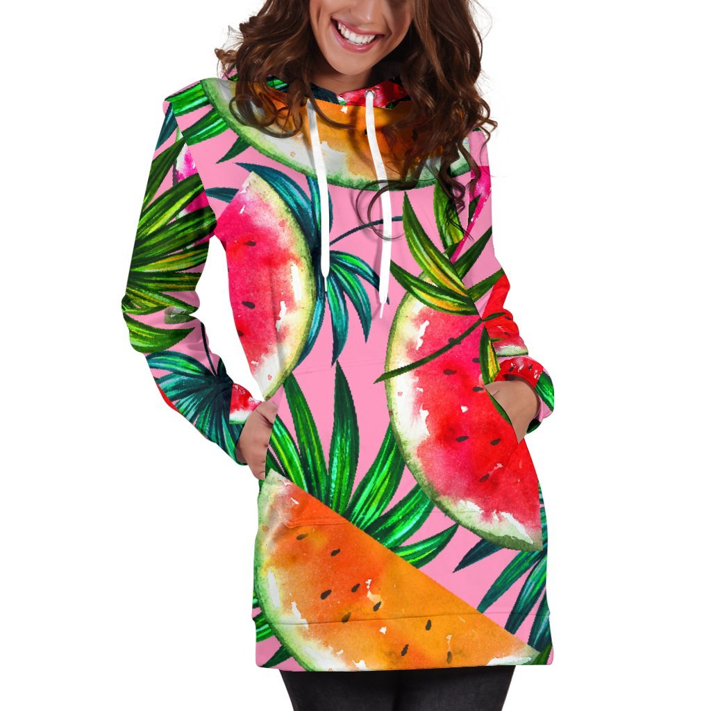 Colorful Leaf Watermelon Pattern Print Hoodie Dress GearFrost