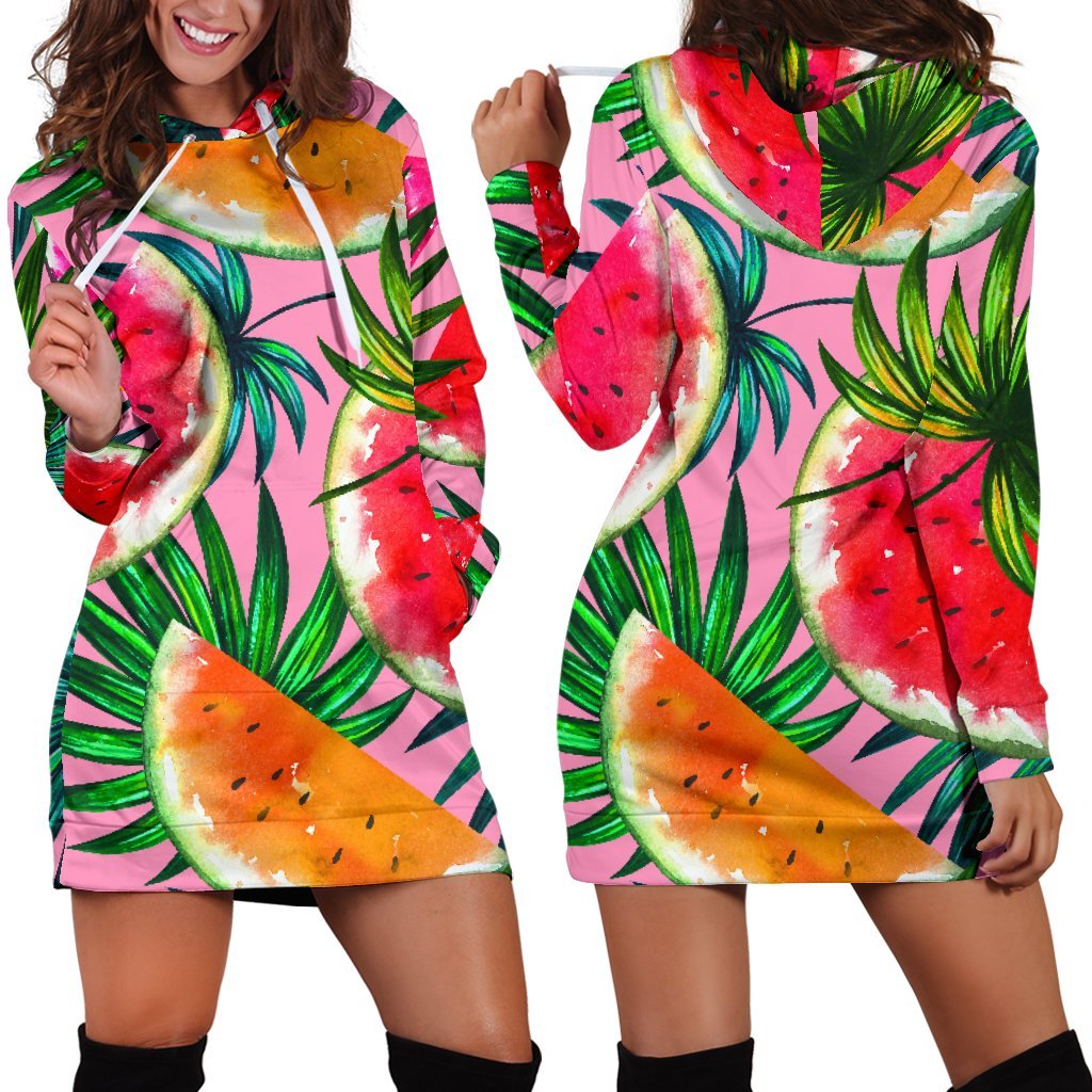 Colorful Leaf Watermelon Pattern Print Hoodie Dress GearFrost