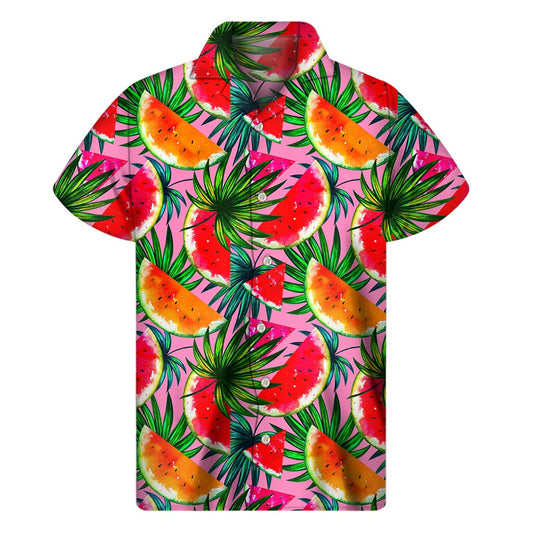 Colorful Leaf Watermelon Pattern Print Men's Short Sleeve Shirt