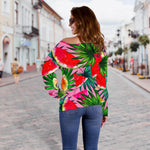 Colorful Leaf Watermelon Pattern Print Off Shoulder Sweatshirt GearFrost