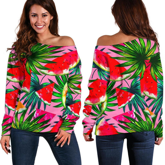 Colorful Leaf Watermelon Pattern Print Off Shoulder Sweatshirt GearFrost