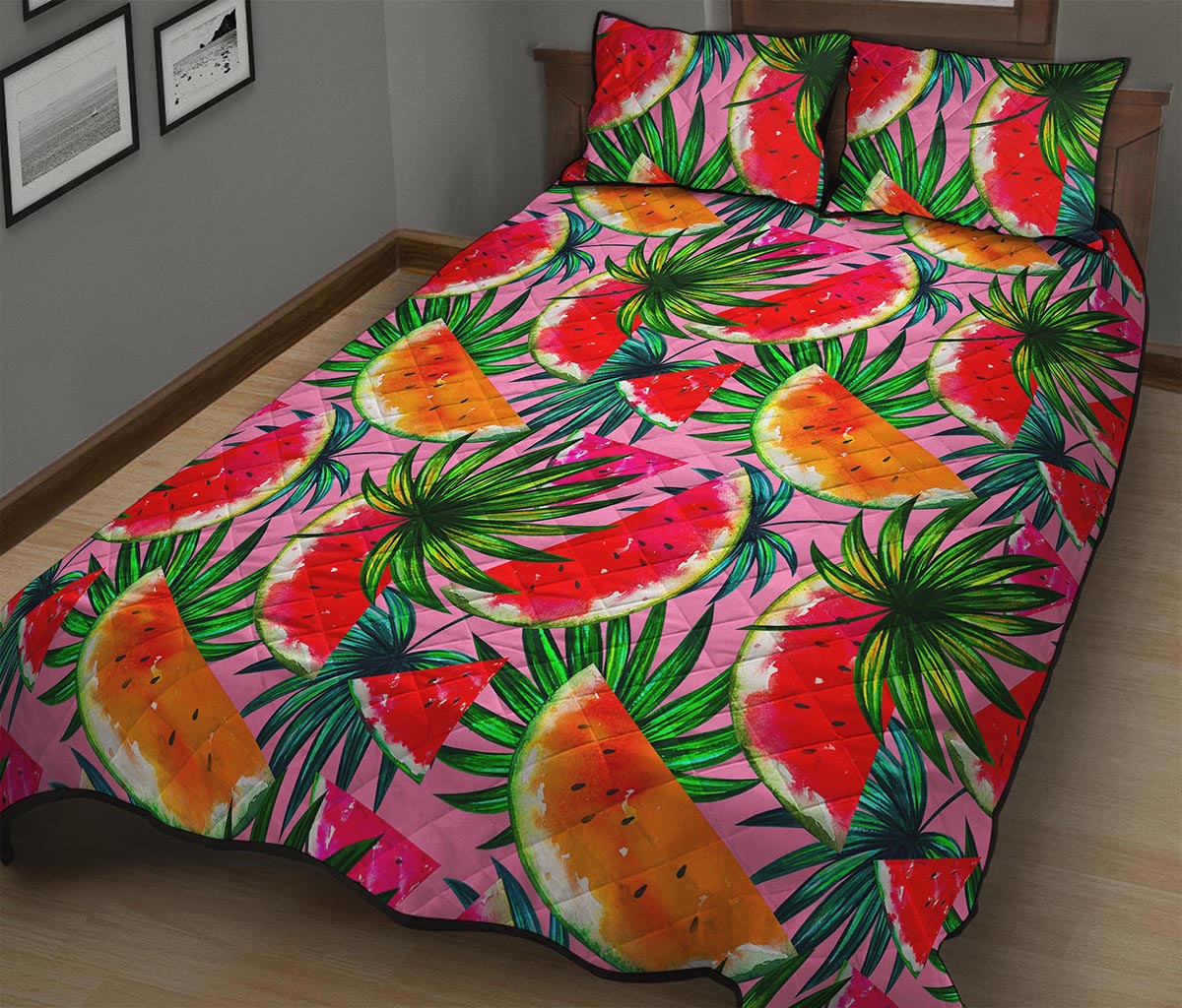 Colorful Leaf Watermelon Pattern Print Quilt Bed Set