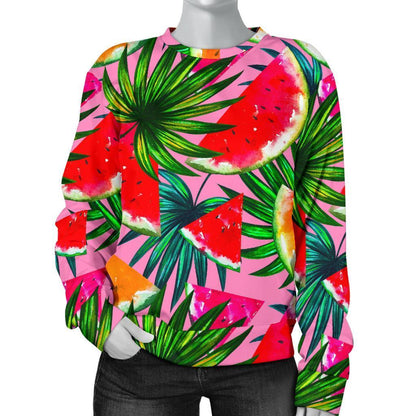Colorful Leaf Watermelon Pattern Print Women's Crewneck Sweatshirt GearFrost