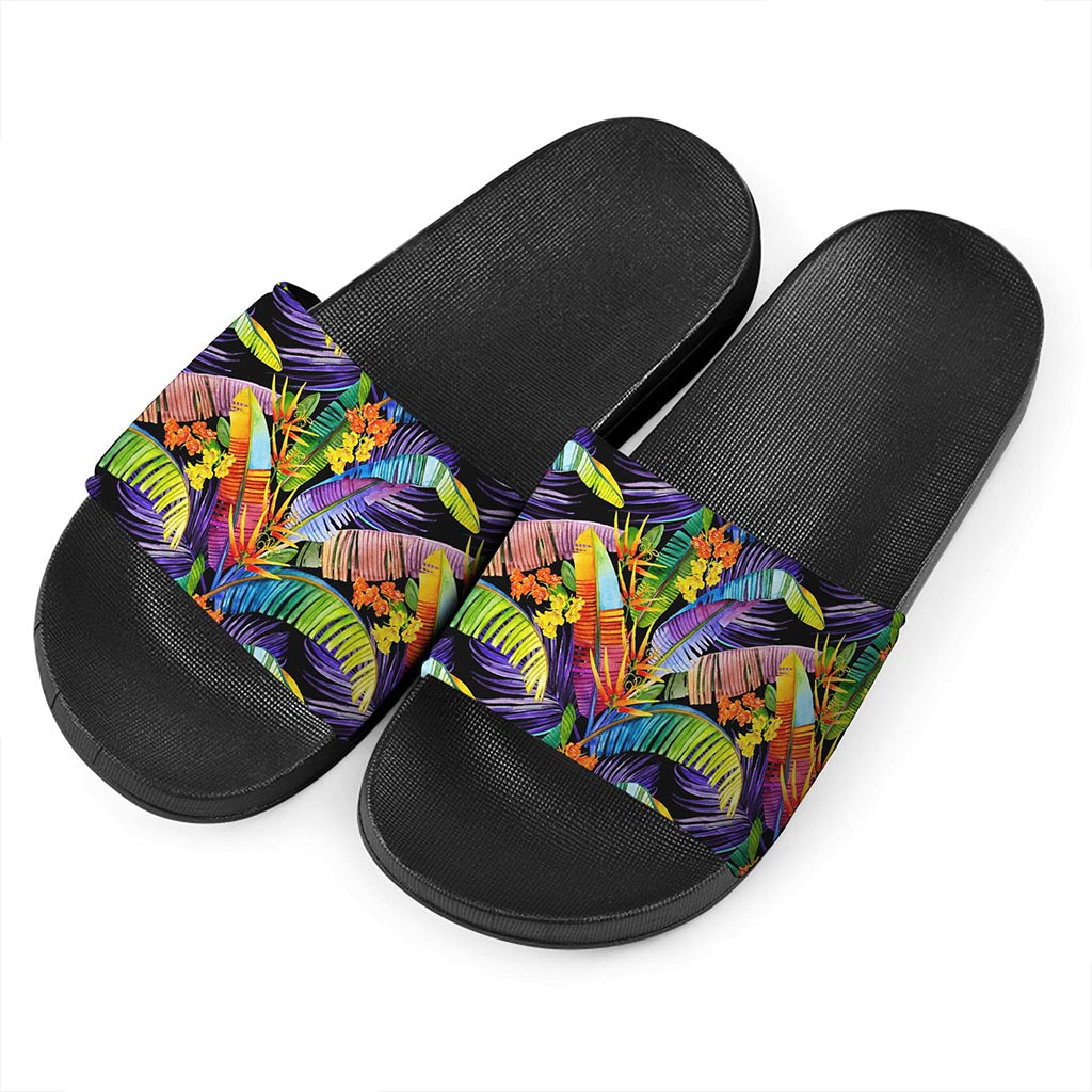 Colorful Leaves Tropical Pattern Print Black Slide Sandals