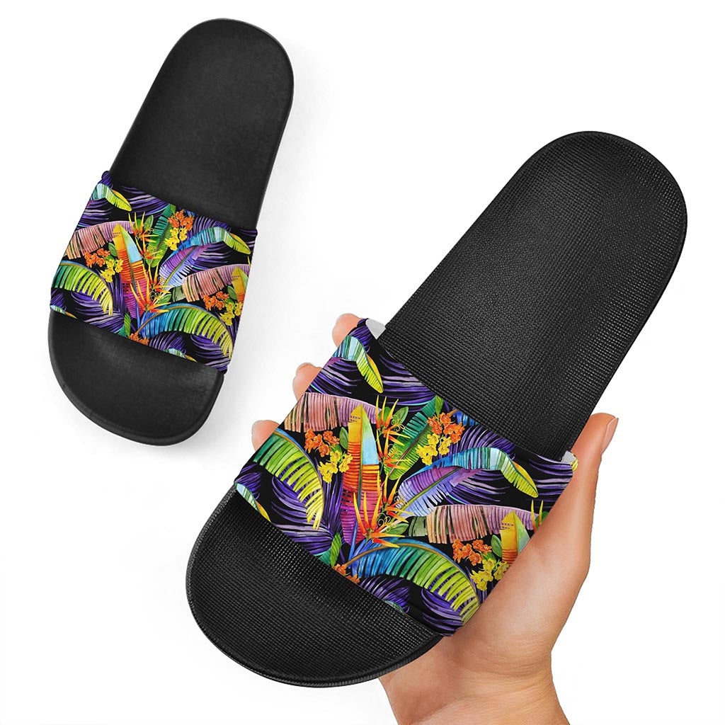 Colorful Leaves Tropical Pattern Print Black Slide Sandals