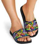 Colorful Leaves Tropical Pattern Print Black Slide Sandals