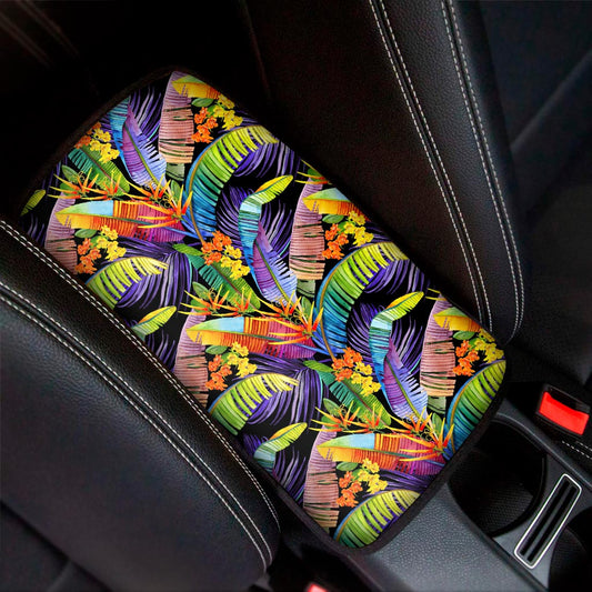 Colorful Leaves Tropical Pattern Print Car Center Console Cover