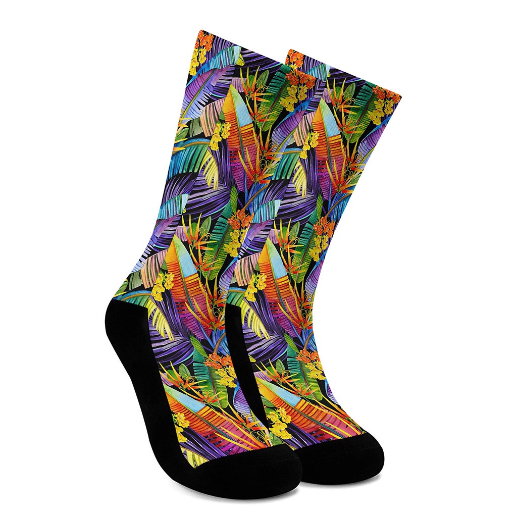 Colorful Leaves Tropical Pattern Print Crew Socks