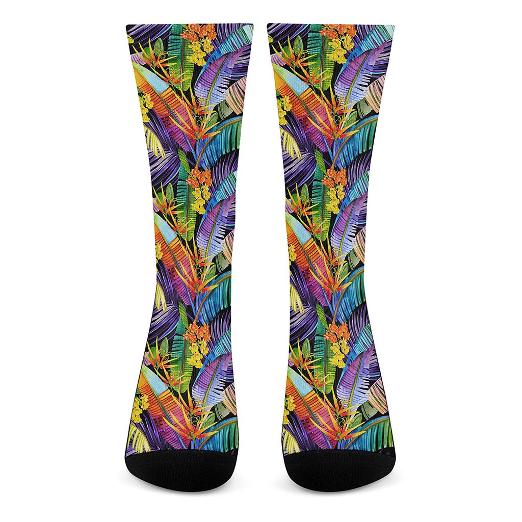 Colorful Leaves Tropical Pattern Print Crew Socks