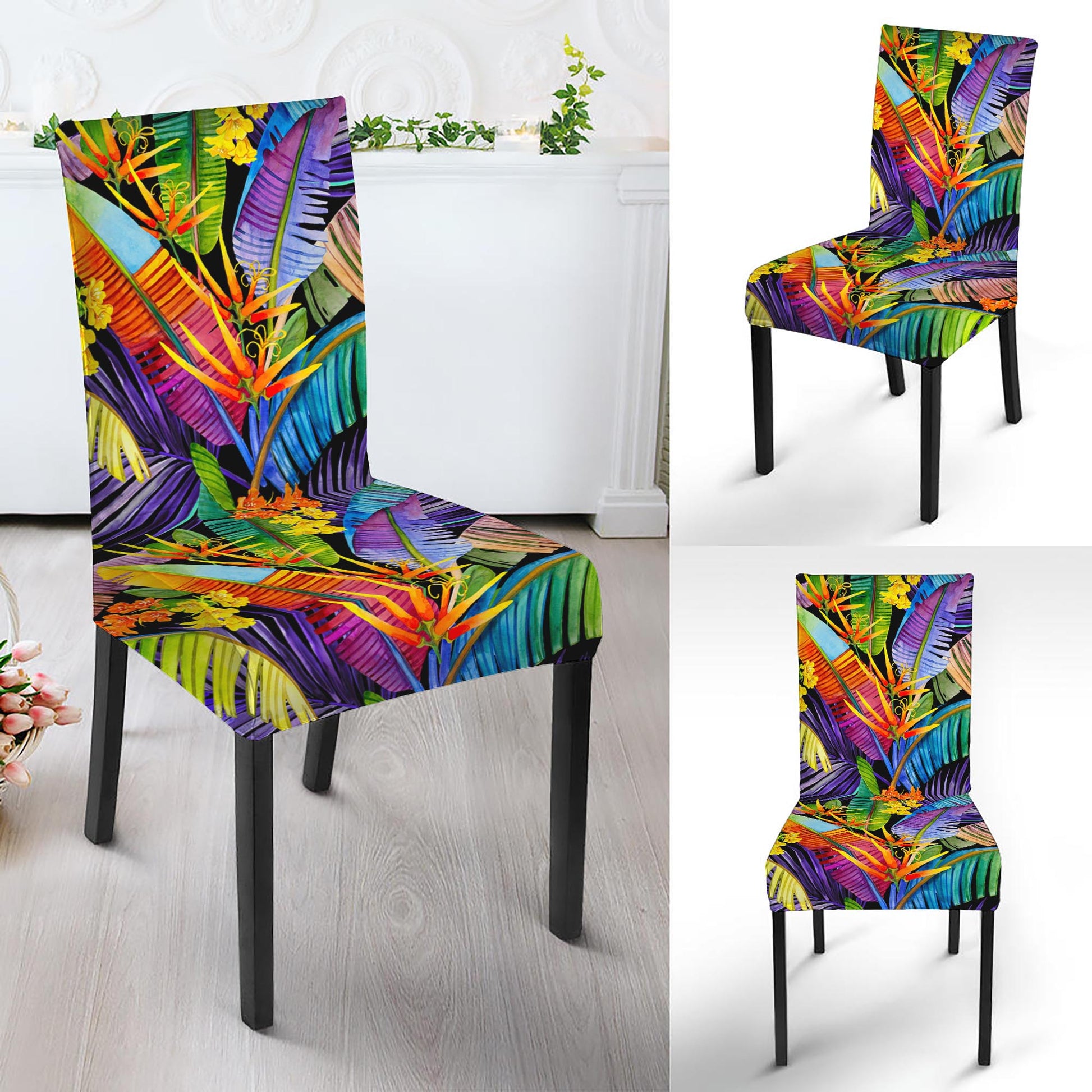 Colorful Leaves Tropical Pattern Print Dining Chair Slipcover