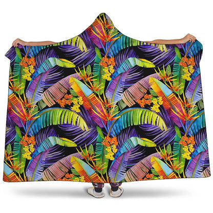 Colorful Leaves Tropical Pattern Print Hooded Blanket