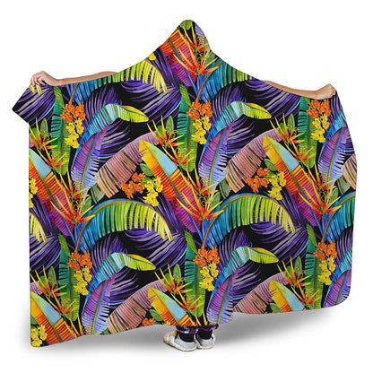 Colorful Leaves Tropical Pattern Print Hooded Blanket