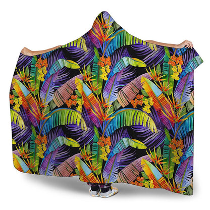 Colorful Leaves Tropical Pattern Print Hooded Blanket