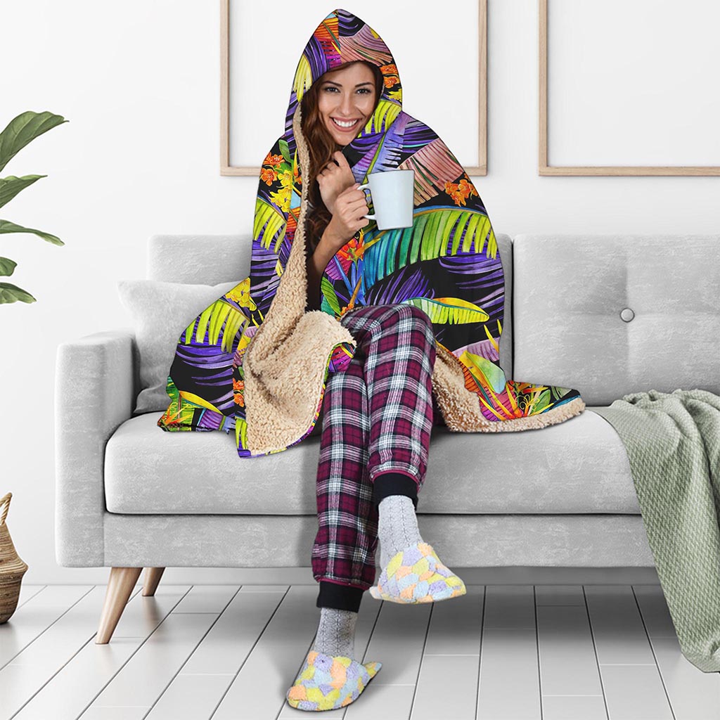 Colorful Leaves Tropical Pattern Print Hooded Blanket