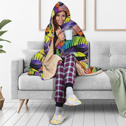 Colorful Leaves Tropical Pattern Print Hooded Blanket