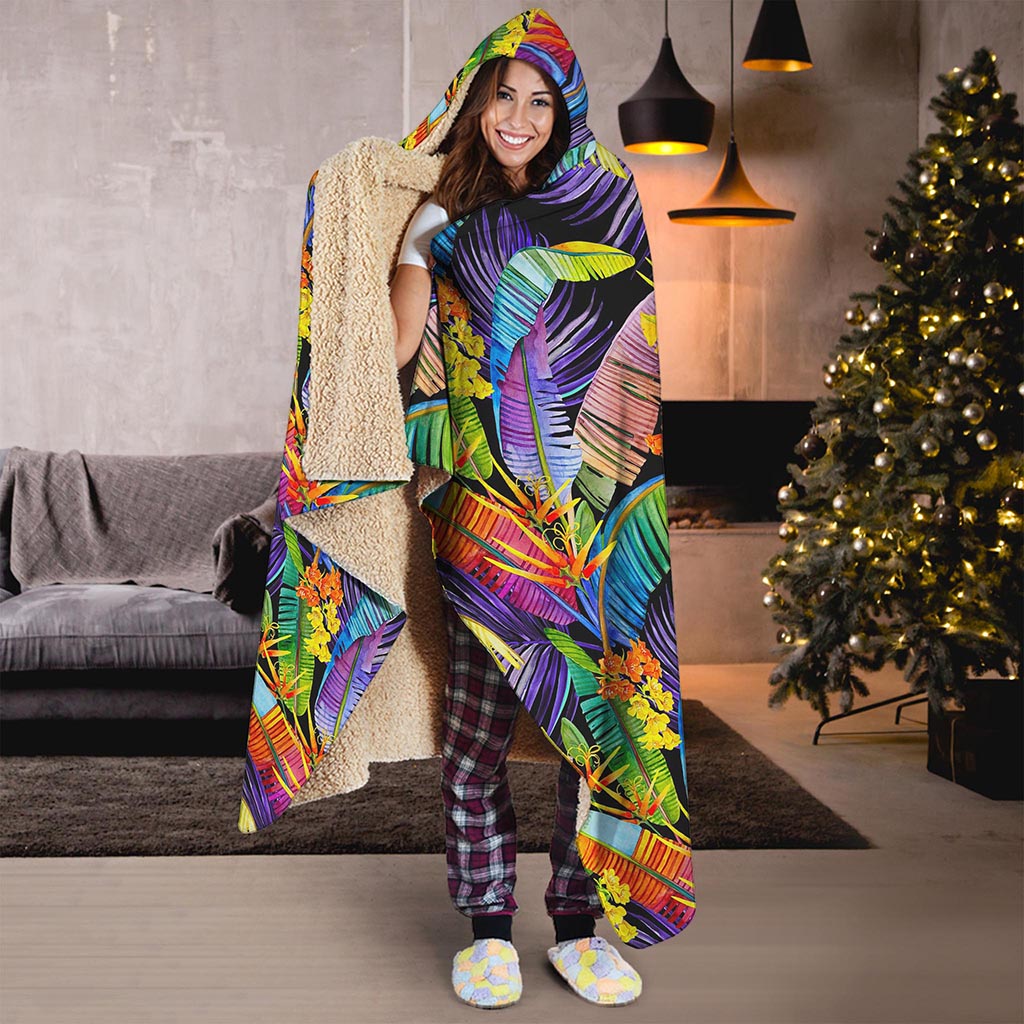 Colorful Leaves Tropical Pattern Print Hooded Blanket
