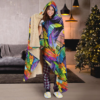 Colorful Leaves Tropical Pattern Print Hooded Blanket