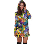 Colorful Leaves Tropical Pattern Print Hoodie Dress GearFrost