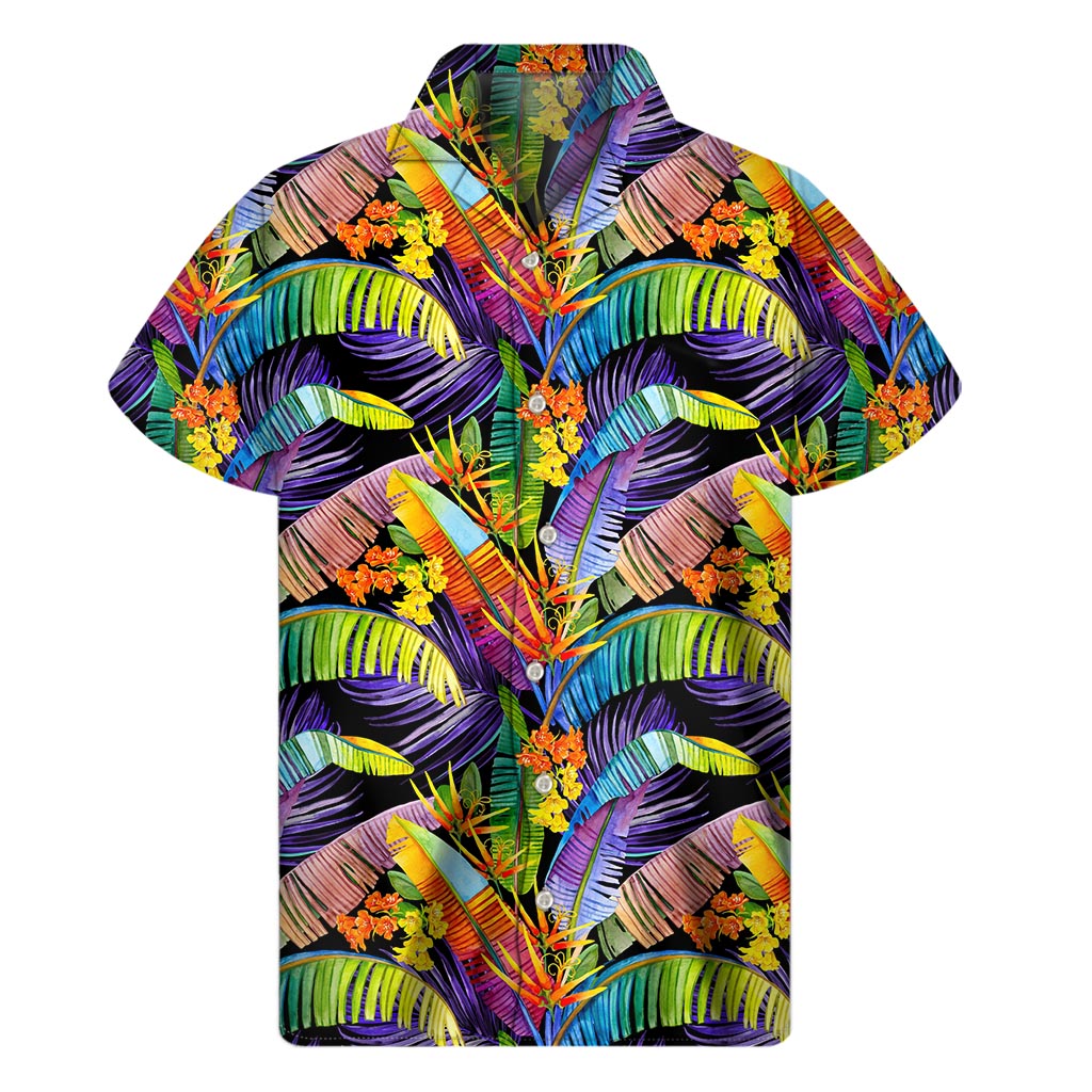 Colorful Leaves Tropical Pattern Print Men's Short Sleeve Shirt