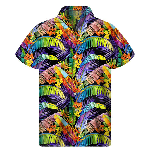 Colorful Leaves Tropical Pattern Print Men's Short Sleeve Shirt