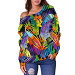 Colorful Leaves Tropical Pattern Print Off Shoulder Sweatshirt GearFrost