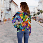 Colorful Leaves Tropical Pattern Print Off Shoulder Sweatshirt GearFrost