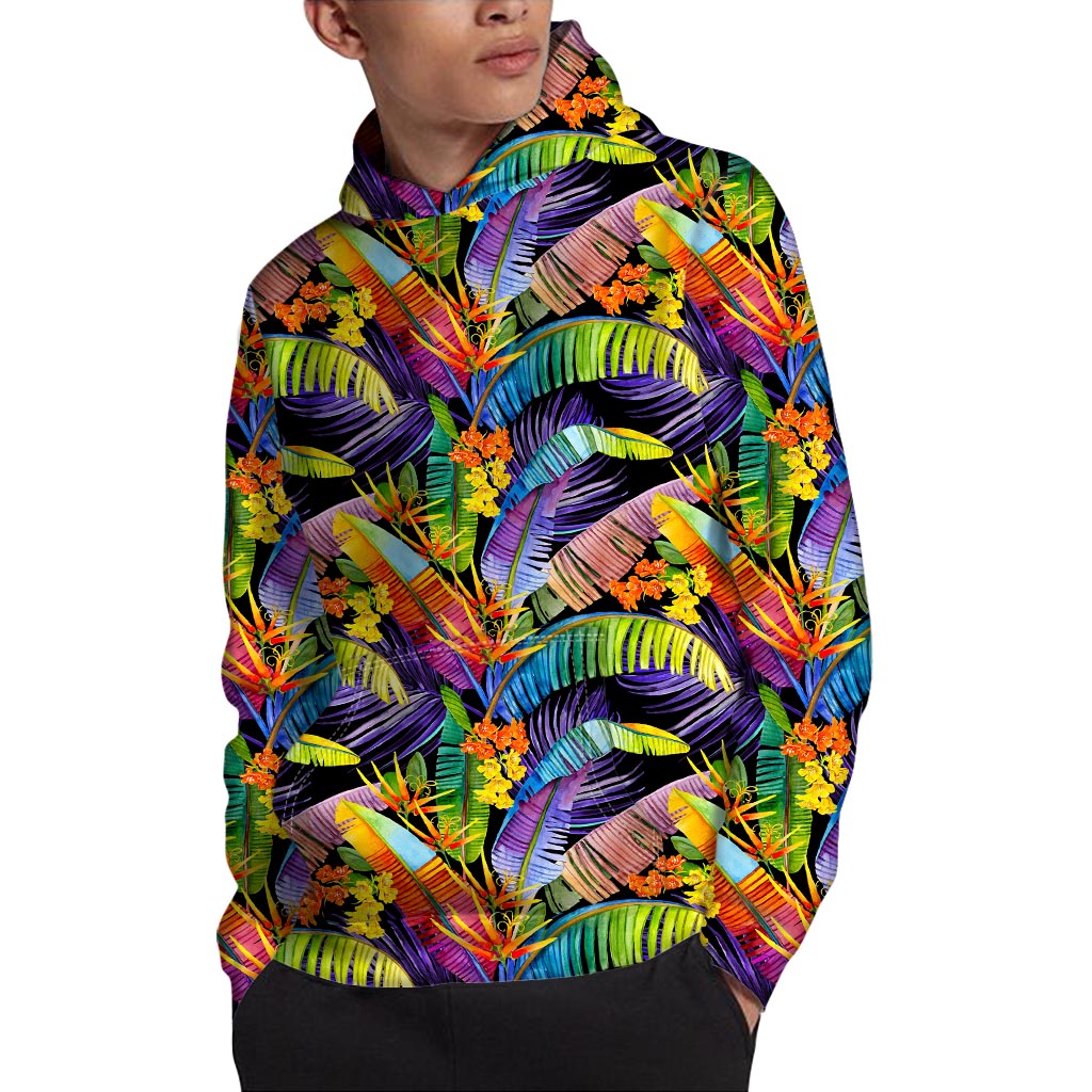 Colorful Leaves Tropical Pattern Print Pullover Hoodie