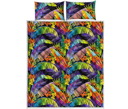 Colorful Leaves Tropical Pattern Print Quilt Bed Set