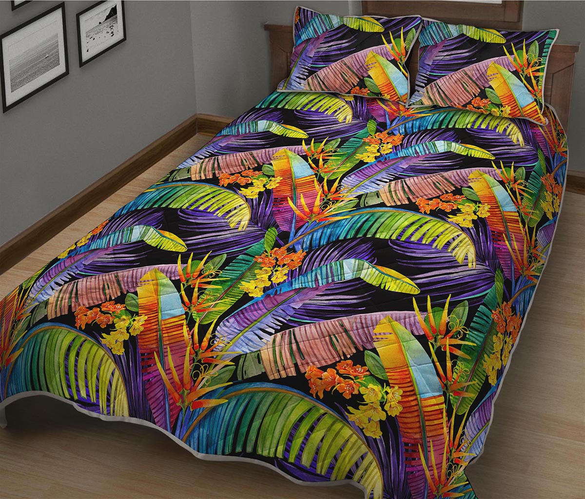 Colorful Leaves Tropical Pattern Print Quilt Bed Set