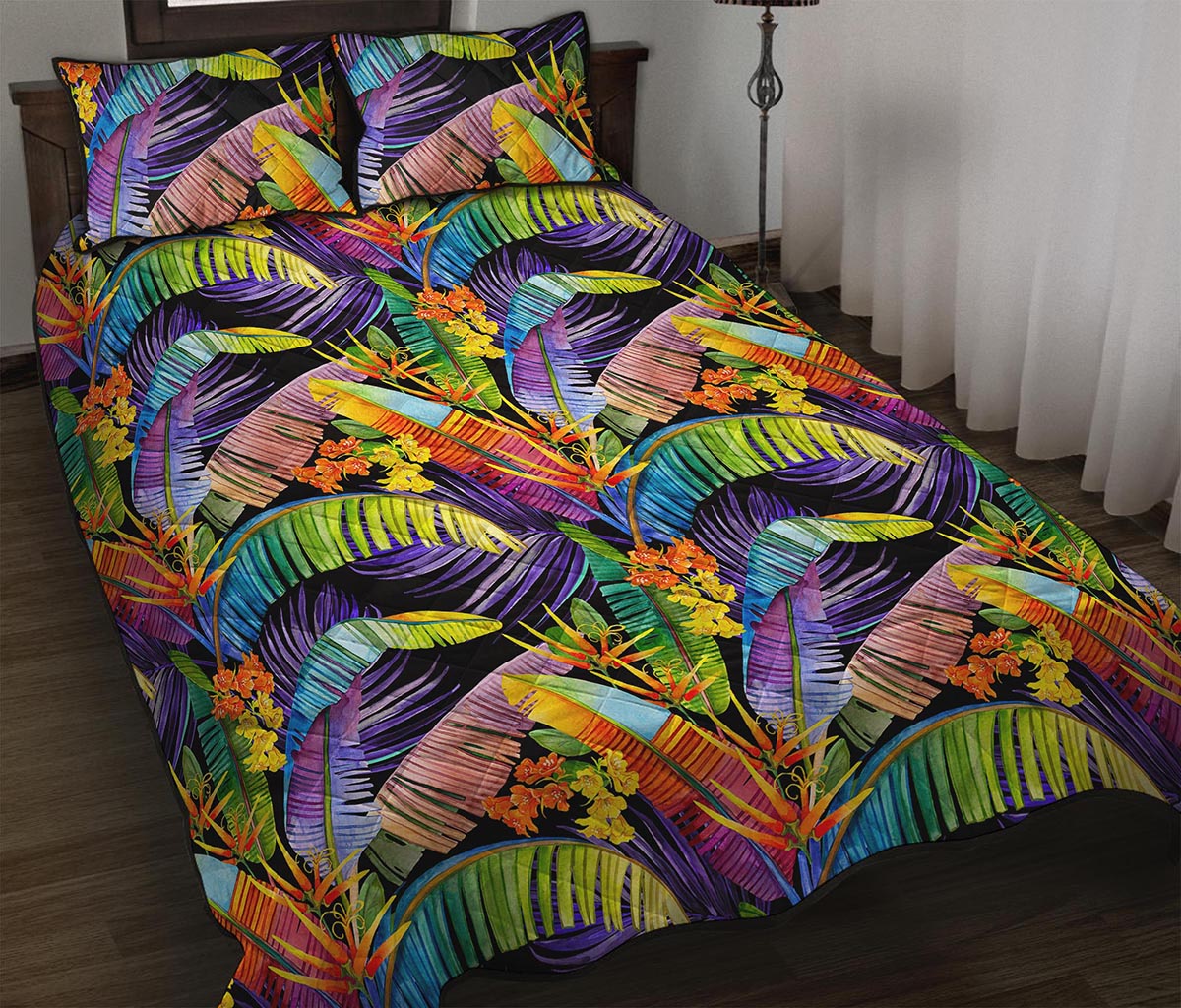 Colorful Leaves Tropical Pattern Print Quilt Bed Set