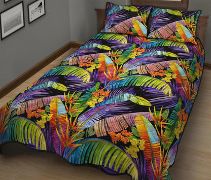 Colorful Leaves Tropical Pattern Print Quilt Bed Set