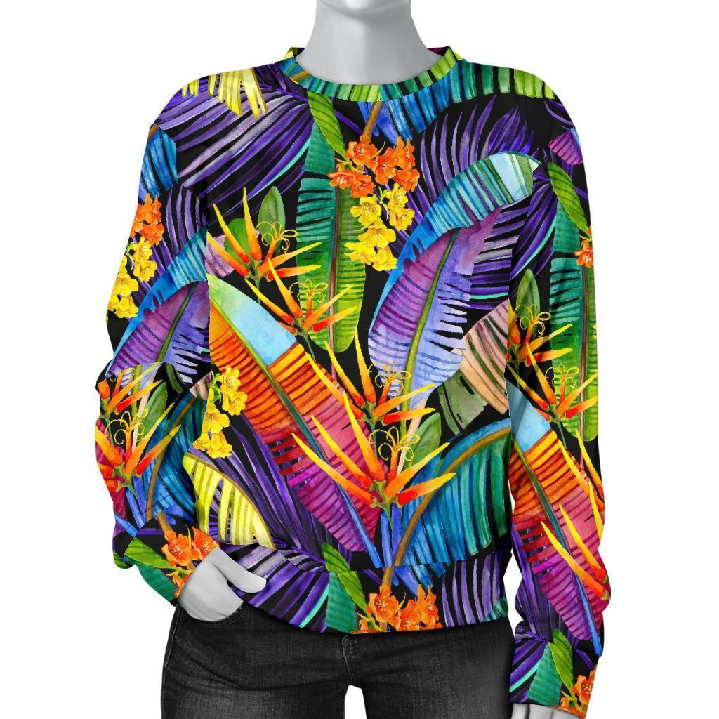 Colorful Leaves Tropical Pattern Print Women's Crewneck Sweatshirt GearFrost