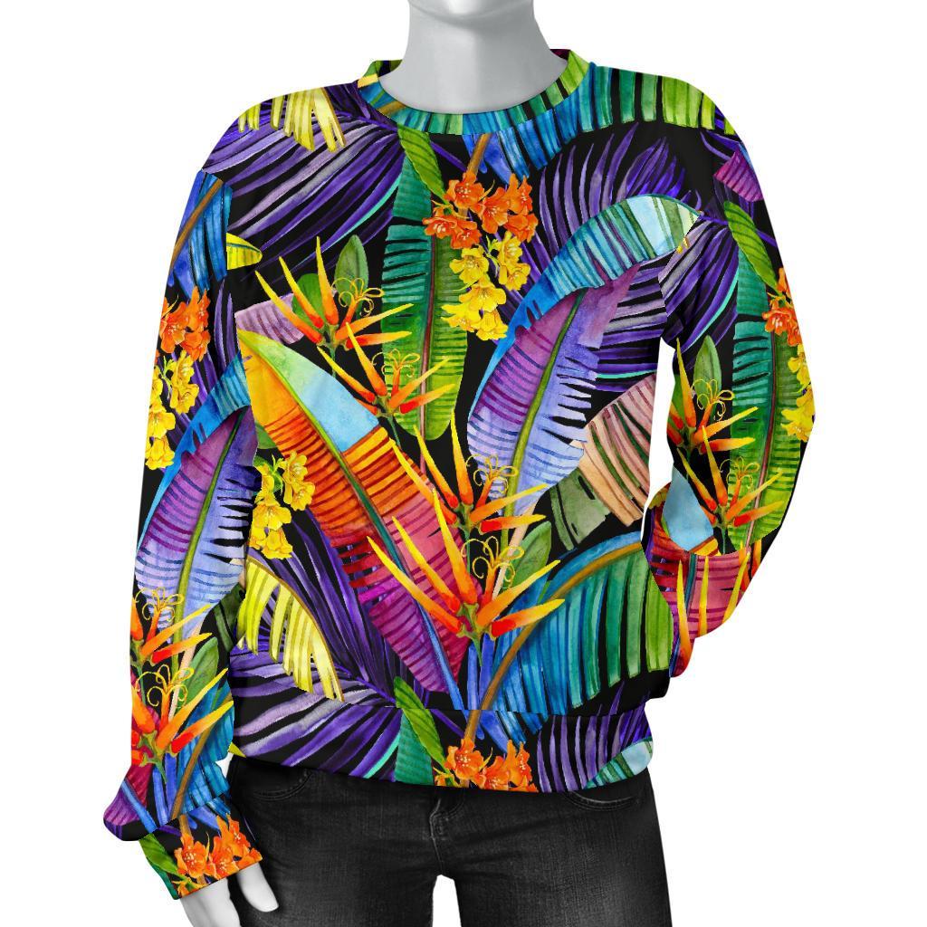 Colorful Leaves Tropical Pattern Print Women's Crewneck Sweatshirt GearFrost